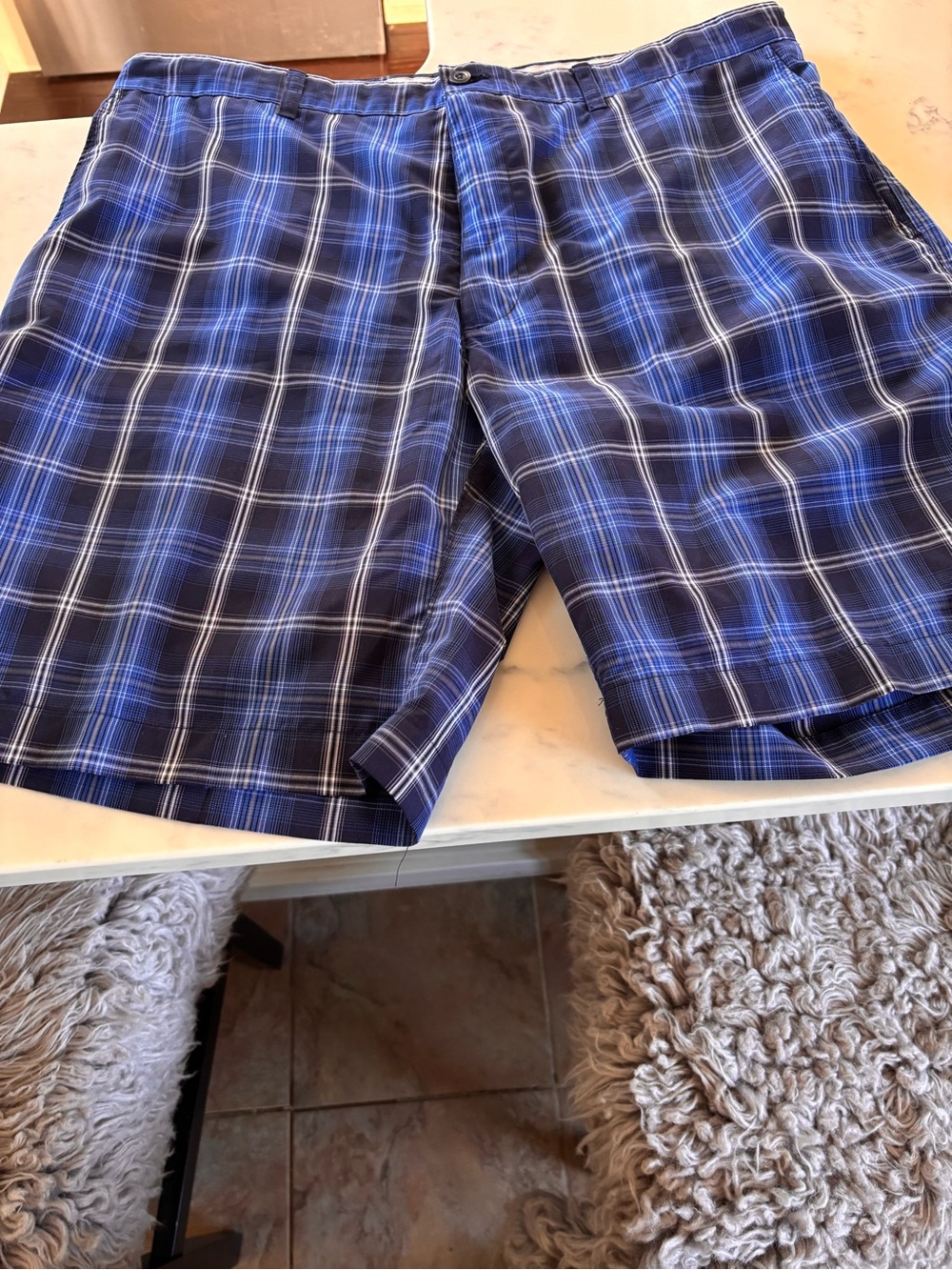 PGA Tour Blue and White Plaid Flat-Front Shorts